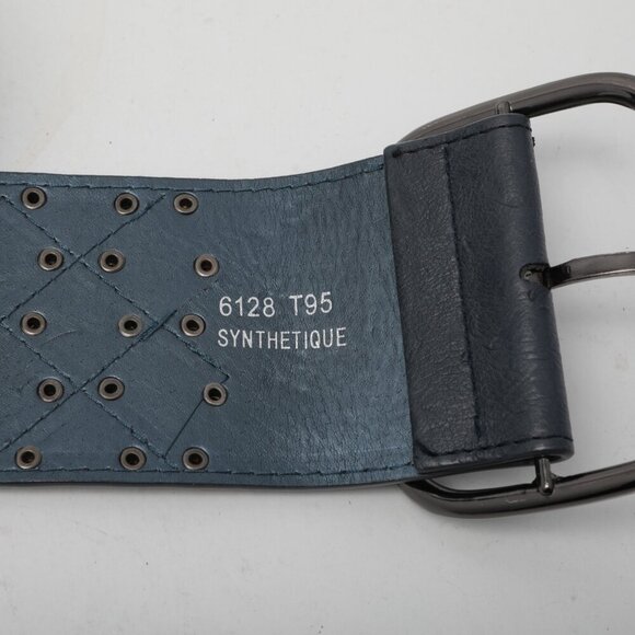 Wide Faux Leather Studded Belt Navy Steel Blue Silver Club Retro Vegan Hip - Picture 10 of 12